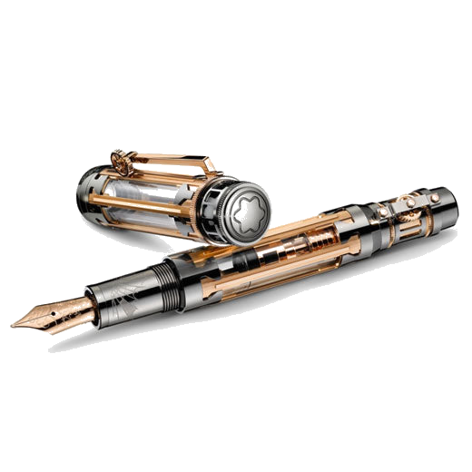 This Great Characters Leonardo Limited Edition 74 Fountain Pen by Montblanc has a skeleton-like barrel and cap in ruthenium and gold, with a white diamond.