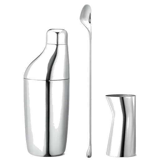 The Georg Jensen Sky stainless steel stirring spoon, jigger shaker set.