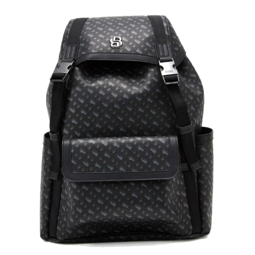 This Icon Monogram Print Faux Leather Backpack by BOSS has a flap lid closure into the main compartment.