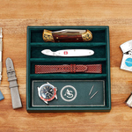 wolf 1834 ananlog shift vintage green watch strap tray lifestyle