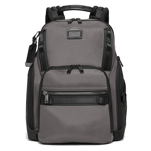 This TUMI Alpha Bravo Search Backpack in Charcoal has multiple zip pockets on the exterior.
