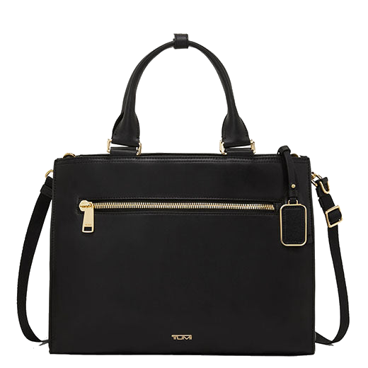 TUMI's Voyageur Black Lynn Tote Bag can be secured via poppers on the side.
