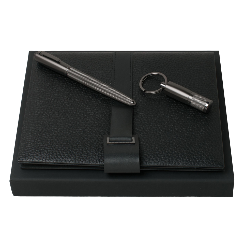 A5 Textured Leather Folder with Rollerball Pen and USB Keyring by Hugo Boss.