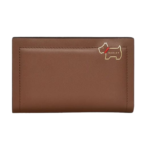 The Heritage Lane Saddle Medium Bifold Purse by Radley, featuring the brand name and Scottie dog, both in gold foil, with a stitched red collar.