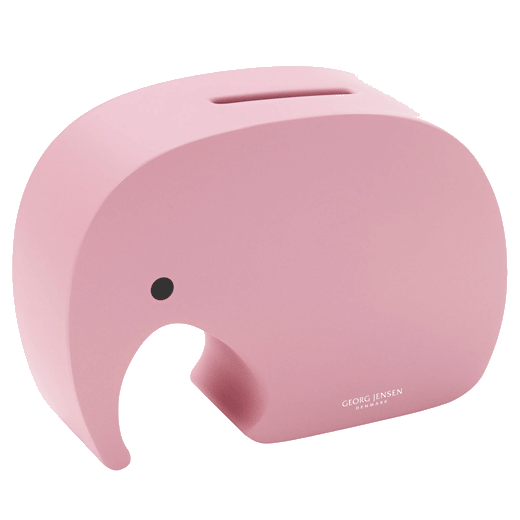 Georg Jensen's Miniphant Strawberry Blush Money Box is made with stainless steel and a matte pink coating.