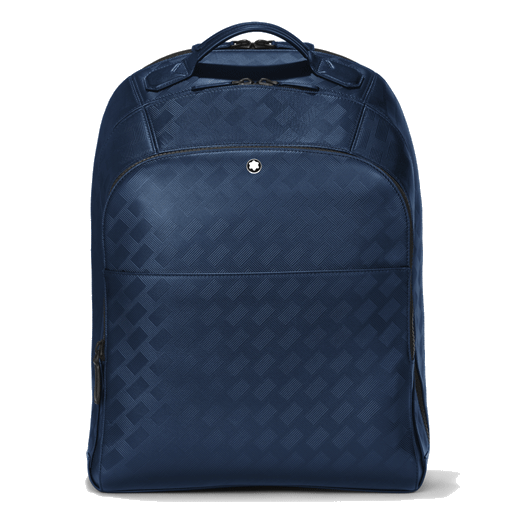 Montblanc's Extreme 3.0 Large 3 Compartment Ink Blue Backpack has a textured surface on the ink blue leather.