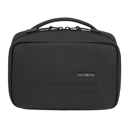 This Stackd Toilet Kit Weekender Wash Bag, Black has a top grab handle and a dual zip into the main compartment.