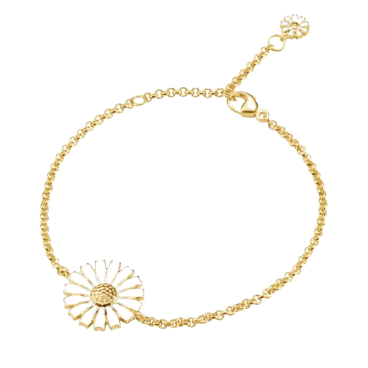 This Georg Jensen White Enamel Gold-Plated Daisy Bracelet is adjustable due to the chain links and is great for wearing on its own or layered with other bracelets.