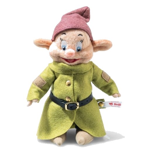 This Disney Snow White & The Seven Dwarfs Dopey by Steiff is made of polyester with a soft plush exterior and felt for the clothing.