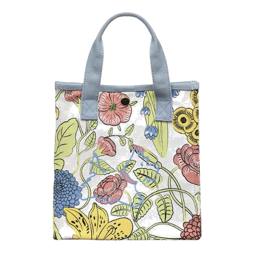 This Radley RHS SS25 Small Canvas Open-Top Grab Bag has two grab handles in contrasting blue to match the trim.