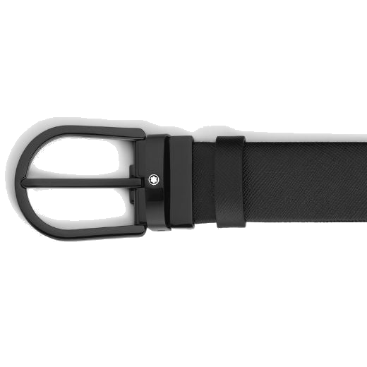 This Montblanc Horseshoe PVD Pin Buckle Black Saffiano Leather Belt has a matte black finish with the snowcap emblem in the centre.