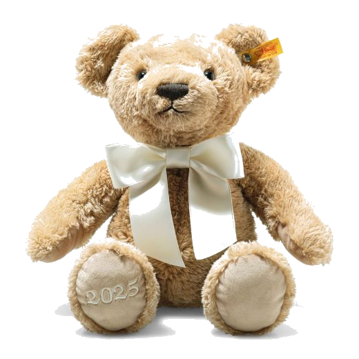 This Cosy Year 2025 Teddy Bear by Steiff is made out of soft plush in a dark beige colour with a satin bow around the neck and embroidered nose.