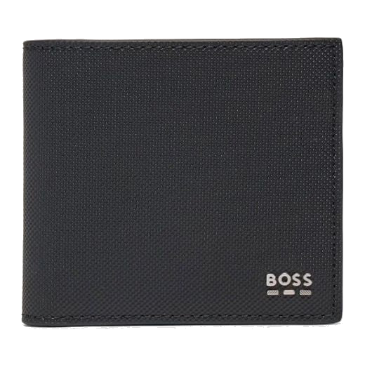 This BOSS Jinko Dark Blue 4CC Bifold Coin Wallet has a textured surface on the exterior with plain PU leather inside the bifold.