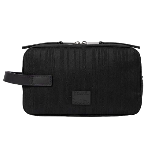 This Black Shadow Stripe Wash Bag by Paul Smith has a striped exterior with a black metal plaque on the front with the signature name.