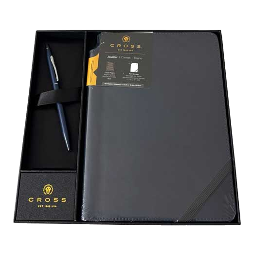 The navy Cross click ballpoint pen comes with a click top and silver trim on the clip.