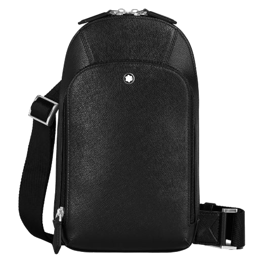 This Montblanc Sartorial Black Leather Sling Bag has the snowcap emblem on the front of the bag with palladium plating.