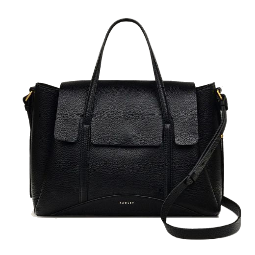 This Radley The Chancery Black Medium Flapover Grab Bag is made out of grained leather that has a soft feel and comes with matching leather straps.