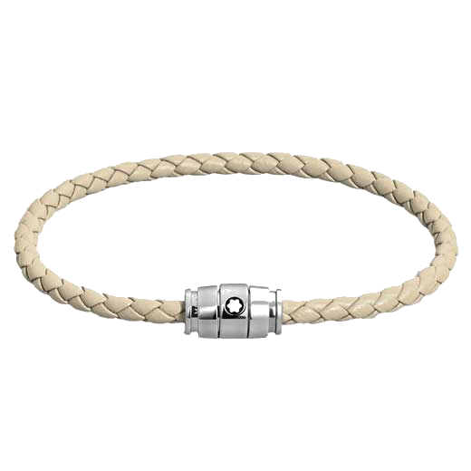 This Montblanc Meisterstück bracelet features a beige leather strap and a silver clasp with the logo.