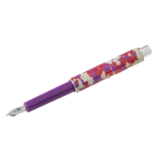 This Montegrappa Gnomo Obsession Midnight Purple Fountain Pen is made out of resin with a purple barrel and a patterned cap in red, purple, and cream.
