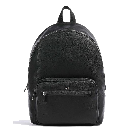 This BOSS Ray Faux Grained Leather Backpack has a front zip pocket that is raised, and another smaller zip pocket within that front pocket.