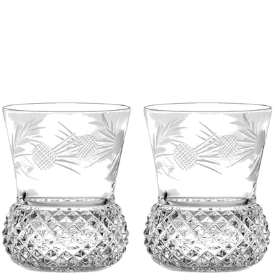 These Flower of Scotland 2 x 26cl Thistle Shape Whisky Tumblers have been designed by Royal Scot Crystal.