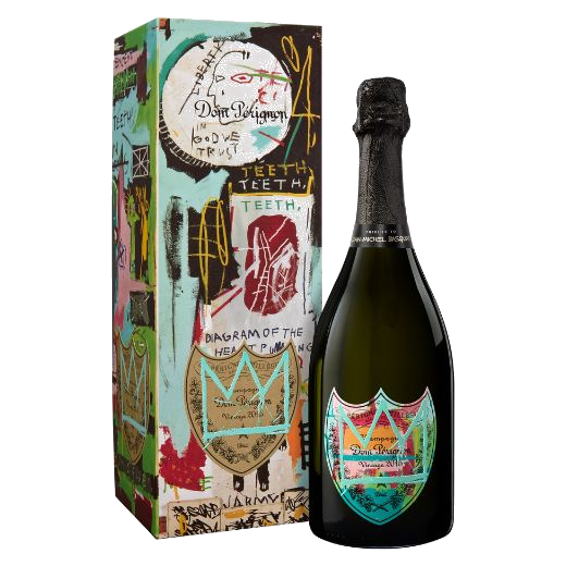 This Dom Perignon Vintage 2015 Special Edition Blue, Tribute to Jean-Michel Basquiat has a special pattern on the boxed packaging that aligns with the other 2 colours if you line them up.