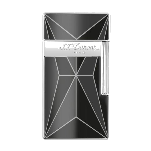 This Biggy Black & Chrome Fire X Lighter by S.T. Dupont has a geometric pattern on the front and back in black lacquer with chrome lines.