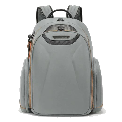 This McLaren Paddock Super Grey Backpack by TUMI has two side pockets and a padded laptop compartment.