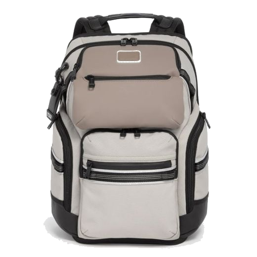 This TUMI Alpha Bravo Chalk Nomadic Backpack has glow in the dark panels with black trims.