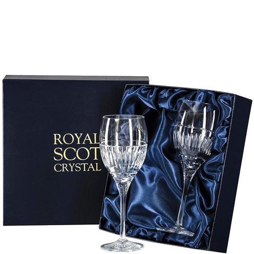 royal scot crystal art deco 2 large wine glasses packaging