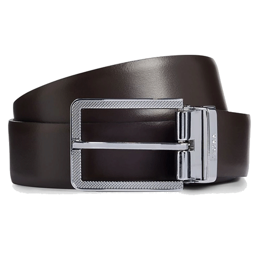 BOSS Greg Interchangeable Buckle Reversible Leather Belt with brown and black plain leather.