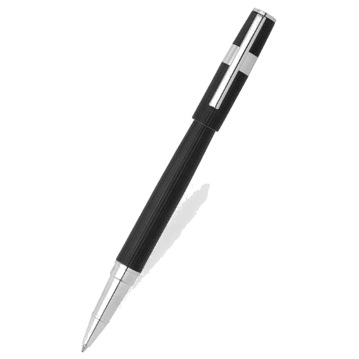 This Hugo Boss Gear Pinstripe Black Rollerball Pen has a matte black lacquer exterior on the barrel and cap and then polished chrome trims in contrast to the sleek black.