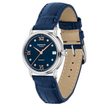 montblanc tradition blue calf leather automatic date watch front