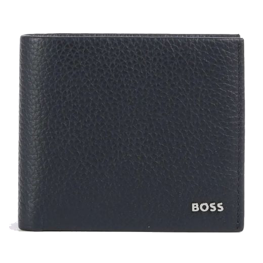 This BOSS Crosstown Navy Bifold Grained Leather 4CC Coin Wallet has a pocket for coins and 4 card slots inside the bifold.
