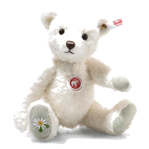 Steiff's Elena the Teddy Bear, 19 cm is ready for Spring and has an embroidered daisy design on her paw.