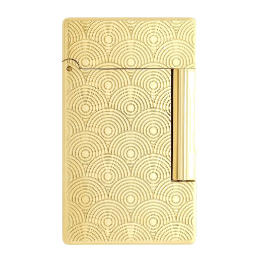 This Initial Cinatique Guilloche Gold Lighter by S.T. Dupont is made out of brass with a polished gold layer on the top.