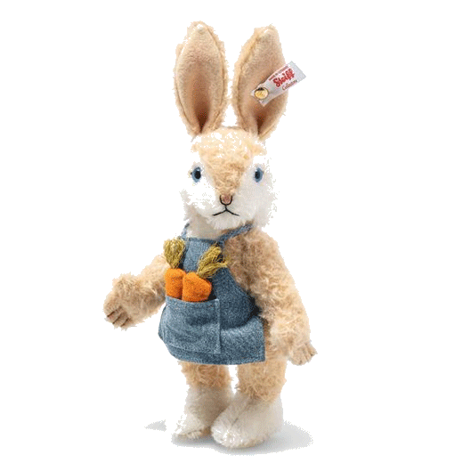 This Steiff Carrie the Rabbit, Limited Edition has two carrots inside her front pocket with blue eyes and the gold button in ear.