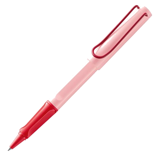 LAMY's Safari Cherry Blossom Rollerball Pen is made out of ABS plastic in a pastel pink with red trims, including the metal clip.