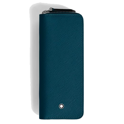 Montblanc's Sartorial Cyprus Blue Saffiano Leather 2 Pen Pouch is made from full-grain cowhide leather with palladium-plated trims around the snowcap emblem.