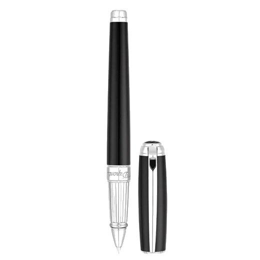 This S. T. Dupont Line D Black Lacquer & Palladium Rollerball Pen has the brand name going around the barrel.