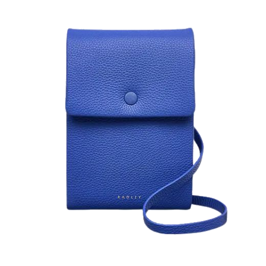 Radley's Mallow Street Yves Blue Leather Phone Cross Body Bag is made from cowhide leather with a grained texture and slight padding.