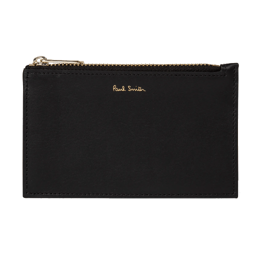 Paul Smith's Black 'Signature Stripe' Leather 4CC Zip Pouch has gold hardware to match the brand name in gold foiling.