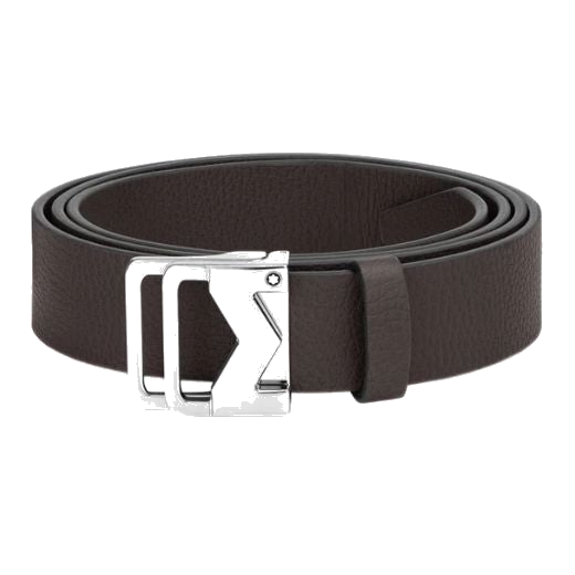 This Grained Ebony Leather 'M' Palladium Pin Buckle Belt by Montblanc has a shiny silver finish on the buckle with the snowcap emblem in the corner.