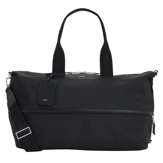 This Expandable Highway Black Holdall in Recycled Polyester by BOSS is expandable with the zip going around the middle as it can be opened.