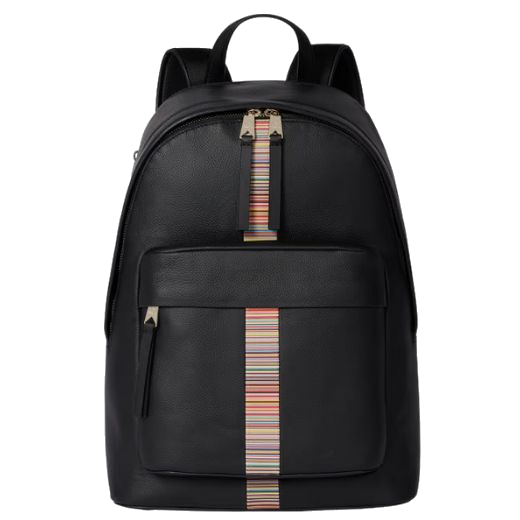 The Black Leather Backpack with Signature Stripe Trim by Paul Smith.