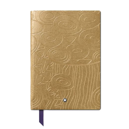 This Montblanc Masters of Art Gustav Klimt #146 Lined Notebook is made out of leather with a patterned surface and a blue ribbon bookmark.