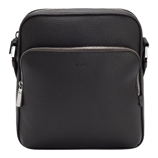 BOSS' Crosstown Brown Grained Leather Reporter Bag has a front zip pocket and main zip compartment, both with branded lining in black.