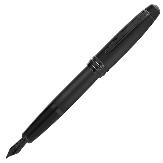 This Cross Bailey Matte Black & PVD Trim Fountain Pen has the brand name engraved onto the top of the clip and on the nib.