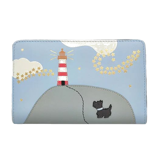 This Radley Lighthouse Smoke Blue Medium Bifold Purse has a mix of applique and screen print on the front with metallic gold.