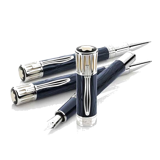 Montblanc's Writers Edition Mark Twain FP, BP & MP Set is made out of precious lacquer in blue with polished silver trims.